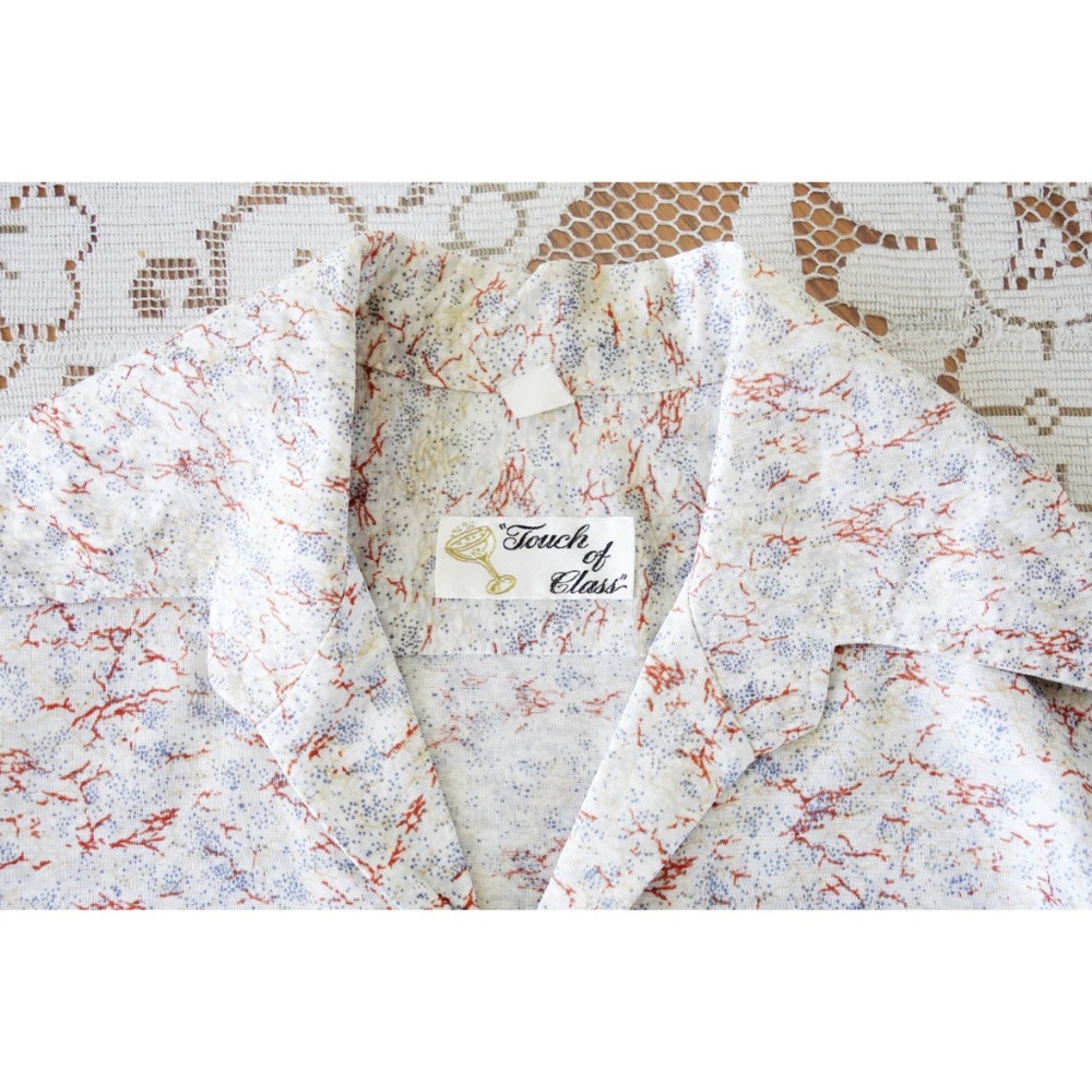 Vintage 70s White Blue Coral Speckled Disco Shirt - Picture 3 of 3